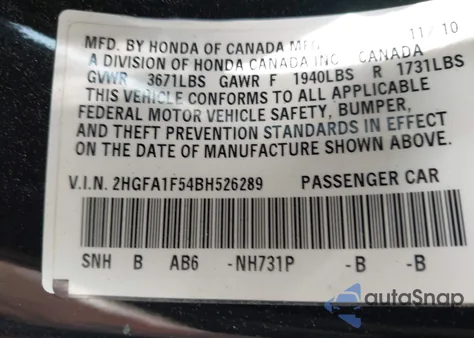 2011 Honda Civic Lx from USA, damaged, VIN 2HGFA1F54BH526289